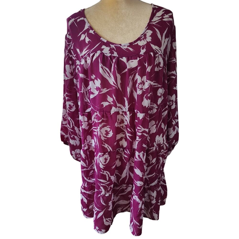 Women Within Purple and White Floral Flowy Tiered Tunic Plus Dress Cover Up 1X